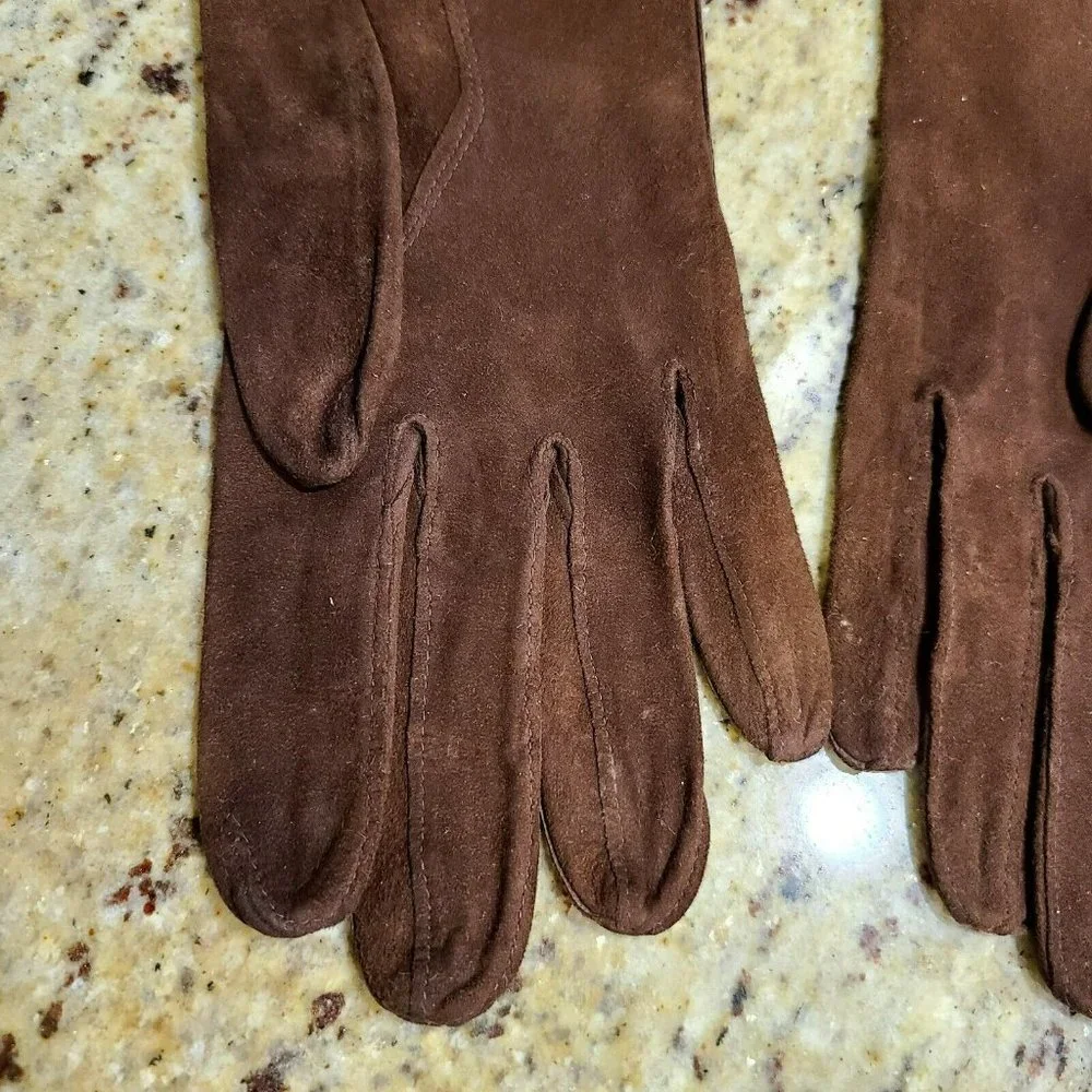 Vtg Gloves Brown Suede Mid Length Embroidered 6 3/4 HA&E Smith France Chevreau